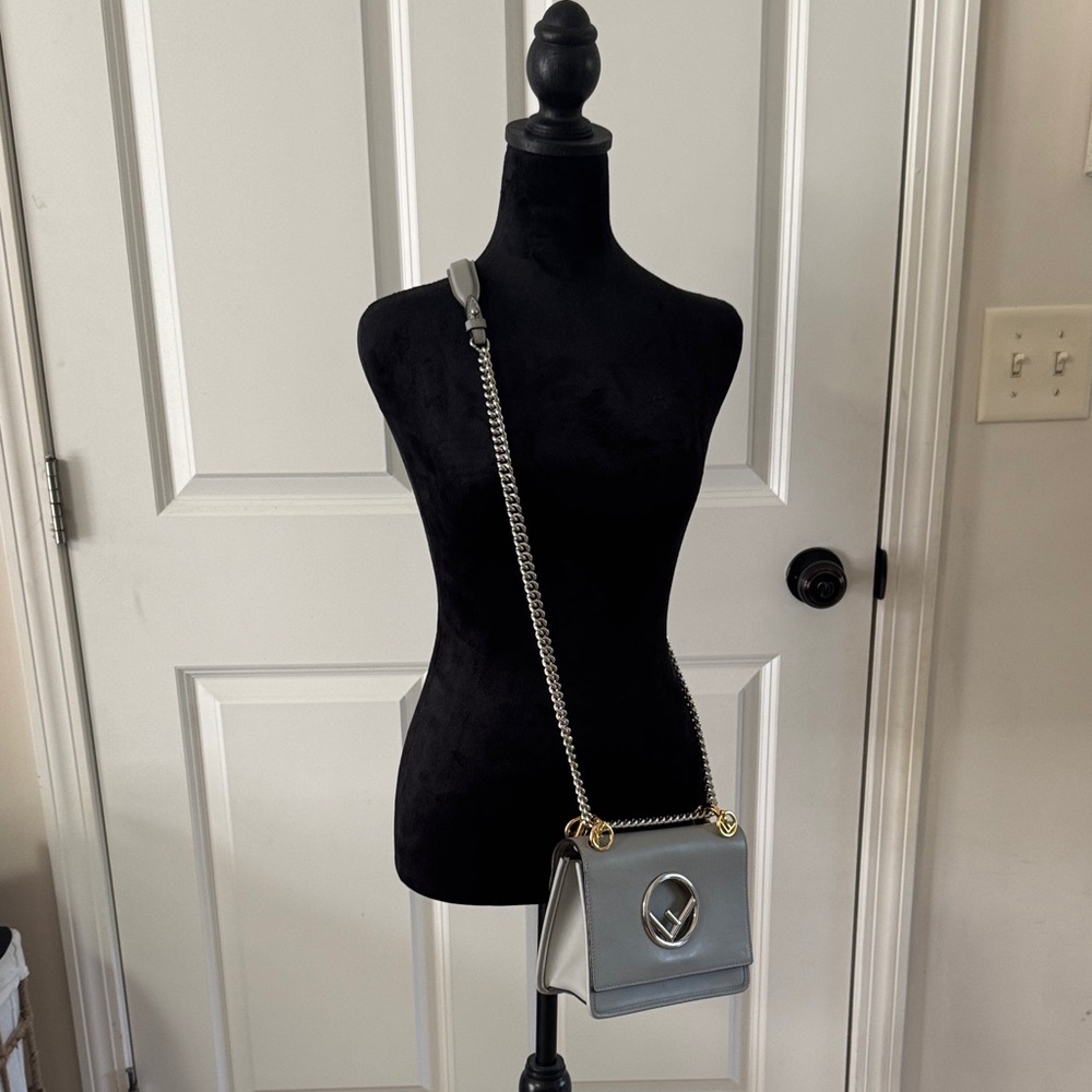 Fendi (F is for Fendi) Gray Leather Shoulder Bag with Chain Strap - Picture 2 of 16